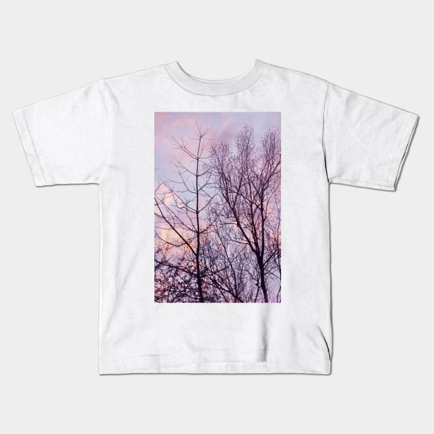 Barren trees ~ evening sky Kids T-Shirt by LaurieMinor